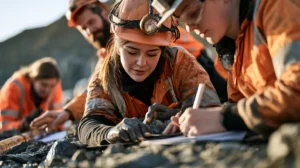 Studenci geologii opisują rdzeń wiertniczy podczas zajęć terenowych