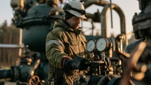 Technik kontrolujący ciśnienie i zawory na głowicy czynnego odwiertu lądowego