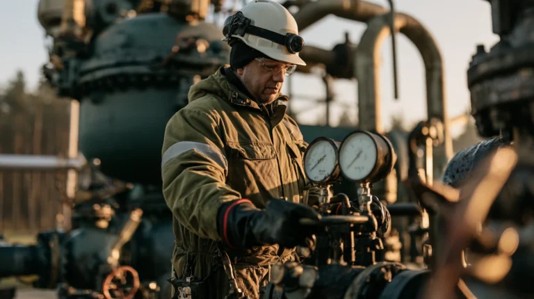 Technik kontrolujący ciśnienie i zawory na głowicy czynnego odwiertu lądowego
