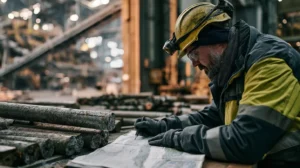 Górnictwo w Polsce. Inżynier górniczy analizujący rdzenie wiertnicze i mapę geologiczną w magazynie rdzeni
