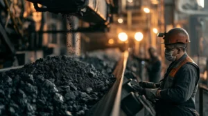 Technik pobierający próbkę węgla kamiennego przy przenośniku w zakładzie przeróbczym
